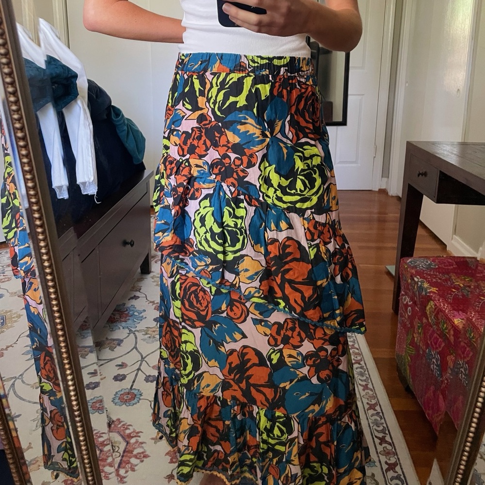 Vibrant Yellow and Blue Maxi A-Line Skirt with Ruffles
